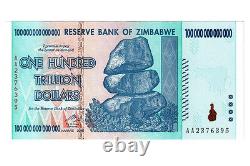 Billet de banque zimbabwéen de 100 billions de dollars AA 2008 P91 UNC, facture de monnaie d'inflation.