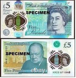 Billet de cinq livres en polymère plastique de la vraie Banque d'Angleterre 2016 UNC devise
