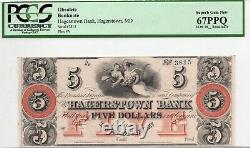 Billet obsolète de la banque Hagerstown, Maryland, de 5 dollars des années 1800, PCGS 67 PPQ GEM Unc.