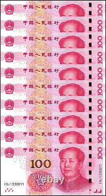 Billets de banque chinois de 100 yuans China 10 pièces Lot Monnaie chinoise RMB Mao 2015 UNC P909