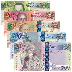 Botswana 5 Pcs Billets Billets 10,20,50,100,200 Pula Bwp Monnaie Réel Unc