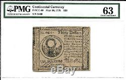 Cc-10 Continental Monnaie $ 30 10 Mai 1775 Pmg 63 Unc Livraison Gratuite