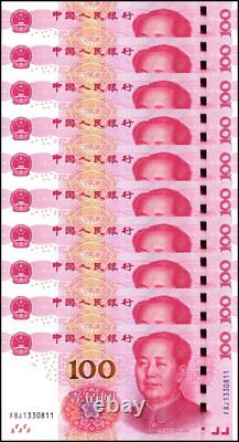 Chine Billets de 100 Yuan Lot de 10 Monnaie Chinoise RMB Président Mao 2015 UNC