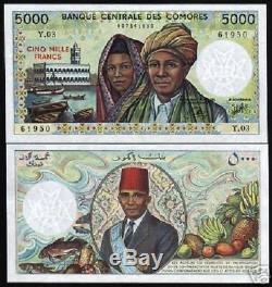 Comores France 5000 Francs P12b 1984 Bateau Fruit Poisson Unc Monnaie Argent Billnote