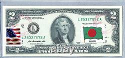 Deux Dollars Bill Us Devise Note Federal Reserve Bank 2 $ Gem Unc Flag Bangladesh