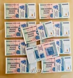 Ensemble de 5 billets authentiques de 100 trillions de dollars du Zimbabwe, Aa2008, UNC