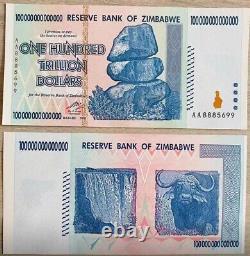 Ensemble de 5 billets authentiques de 100 trillions de dollars du Zimbabwe, Aa2008, UNC
