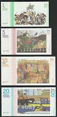 Ensemble de billets de banque en monnaie locale de Bristol 1 5 10 20 livres UNC 3ème série avec numéros de série assortis