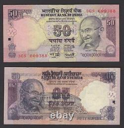 Erreur de note de monnaie de 50 roupies d'Indira Gandhi - Impression de la compensation à l'arrière. UNC