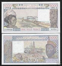 États d'Afrique de l'Ouest Bénin 5000 Francs P208 B 1992 Bateau Non circulé Billet de banque
