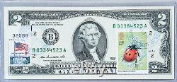États-unis Monnaie Deux Dollars Note Papier Argent Us $2 Bill Unc Stamp Ladybird