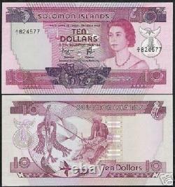 Îles Salomon 10 P7b 1977 Queen A/1 Pfx. Unc Rare Pacific Currency Money Note