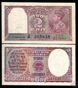 Inde 2 Roupies P17b 1943 King George VI Lion Unc Monde Monnaie Argent Bill Note