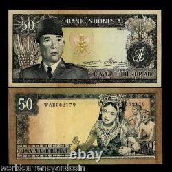 Indonésie 50 Rupiah P85b 1960 Sukarno Danseur Billet Monnaie Note de Banque