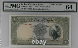Jordanie, Currency Board P-2s1, 1 Dinar, Specimen Pmg 64 Extremely Rare