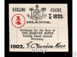 Keeling & Cocos 1/4 Roupie P S124 1902 Bird Unc Facture D'argent En Vraie Monnaie Note