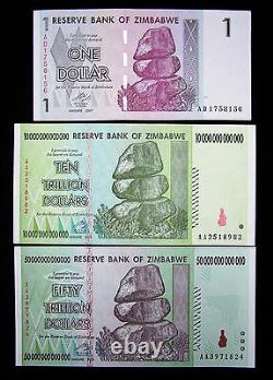 Lot De 3 Billets Du Zimbabwe-1 Dollar, 10&50 Trillions De Dollars-monnaie Unc