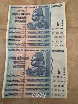 Lot de 10 billets authentiques de 100 trillions de dollars zimbabwéens, Aa2008, UNC