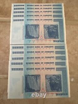 Lot de 10 billets authentiques de 100 trillions de dollars zimbabwéens, Aa2008, UNC