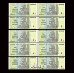 Lot de 10 pièces x billet de 10 000 milliards de dollars du Zimbabwe de 2008, monnaie UNC