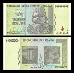 Lot de 10 pièces x billet de 10 000 milliards de dollars du Zimbabwe de 2008, monnaie UNC