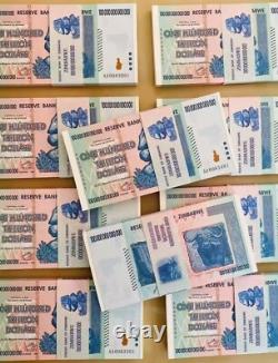 Lot de 25 billets authentiques de 100 trillions de dollars zimbabwéens, Aa2008, UNC