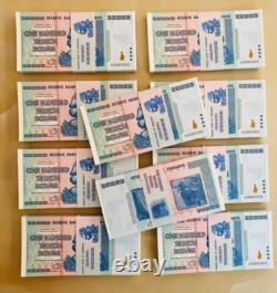 Lot de 25 billets authentiques de 100 trillions de dollars zimbabwéens, Aa2008, UNC