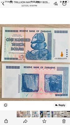 Lot de 25 billets authentiques de 100 trillions de dollars zimbabwéens, Aa2008, UNC