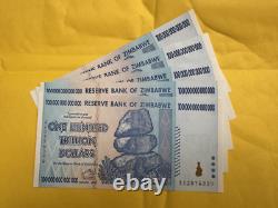 Lot de 5 billets authentiques de 100 trillions de dollars zimbabwéens, Aa/2008, UNC