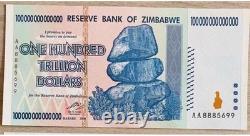 Lot de 5 billets authentiques de 100 trillions de dollars zimbabwéens, Aa/2008, UNC