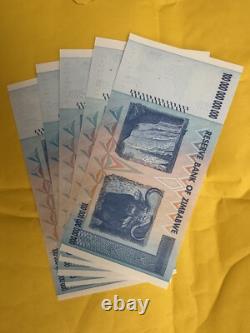 Lot de 5 billets authentiques de 100 trillions de dollars zimbabwéens, Aa/2008, UNC