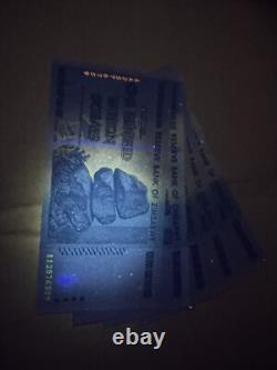 Lot de 5 billets authentiques de 100 trillions de dollars zimbabwéens, Aa/2008, UNC