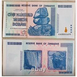 Lot de 5 billets authentiques de 100 trillions de dollars zimbabwéens, Aa/2008, UNC