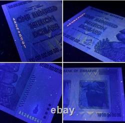Lot de 5 billets authentiques de 100 trillions de dollars zimbabwéens, Aa/2008, UNC