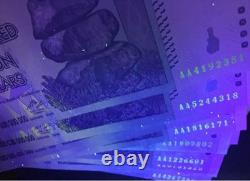 Lot de 5 billets authentiques de 100 trillions de dollars zimbabwéens, Aa/2008, UNC