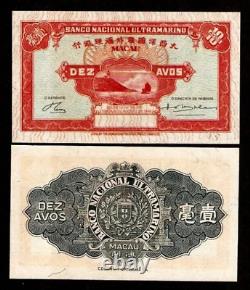 Macau 10 AVOS P-36 1946 Billet de banque rare de bateau-jonque de Macao en Chine dans un état neuf