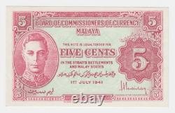 Malaisie 5 Cents 1941 P7 XF++ AU Roi George VI Billet de banque UNC FACE Rare