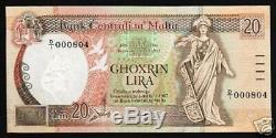 Malte 20 Liri P44 1967 Pigeon Low Sr # Unc Rudder Euro Rare Monnaie Note D'argent