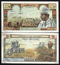 Maroc 5 Dirhams P-53 1969 Roi Muhammad V Unc Tracteur Monnaie Monnaie Note