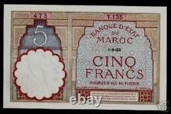 Maroc 5 FRANCS P-23Aa 1922 Marocain UNC Monnaie Mondiale RARE Billet de Papier