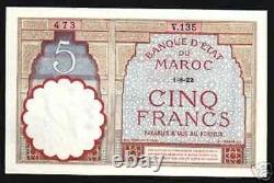 Maroc 5 FRANCS P-23Aa 1922 Marocain UNC Monnaie Mondiale RARE Billet de Papier