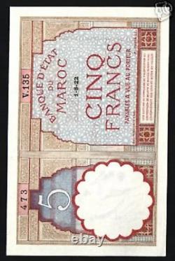 Maroc 5 FRANCS P-23Aa 1922 Marocain UNC Monnaie Mondiale RARE Billet de Papier