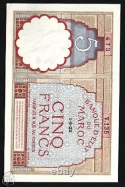 Maroc 5 FRANCS P-23Aa 1922 Marocain UNC Monnaie Mondiale RARE Billet de Papier