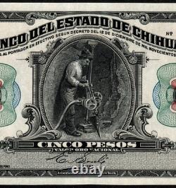 Mexique Chihuahua Billet de 5 Pesos Monnaie 1914. Nd Série A No. 032341 Gem Unc