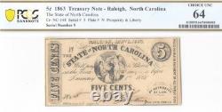 Numéro de série faible #5 1863 5c Caroline du Nord CR NC-148 Monnaie obsolète PCGS UNC 64 GEM