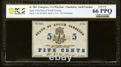 PCGS GEM UNC 66. Charleston CAROLINE DU SUD 1863 Confédéré 5c Billet de Banque