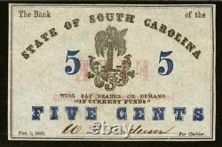 PCGS GEM UNC 66. Charleston CAROLINE DU SUD 1863 Confédéré 5c Billet de Banque