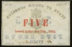 PCGS GEM UNC 66. Charleston CAROLINE DU SUD 1863 Confédéré 5c Billet de Banque