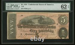 PMG UNC 62. T-69 5 $ 1864 États confédérés de la guerre civile Billet de banque obsolète