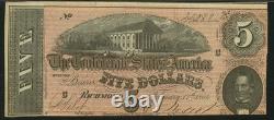 PMG UNC 62. T-69 5 $ 1864 États confédérés de la guerre civile Billet de banque obsolète